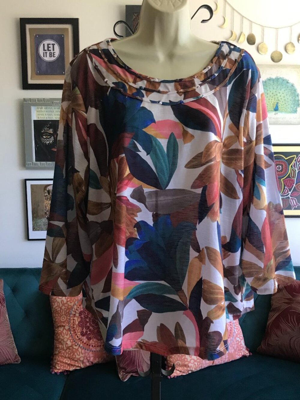 ALFRED DUNNER size 2X Colorful Floral Print Stretch Knit 3/4 Sleeve Top